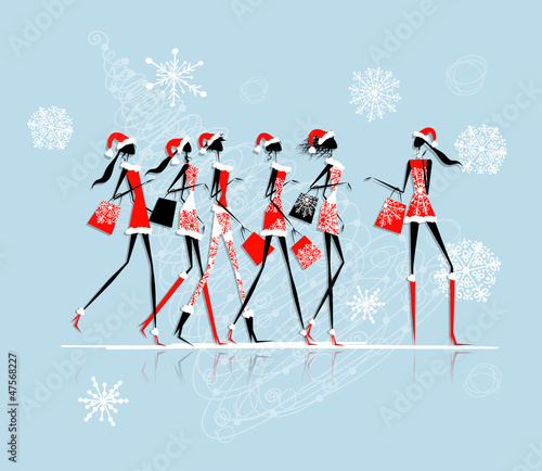 Christmas shopping, santa girls with bags