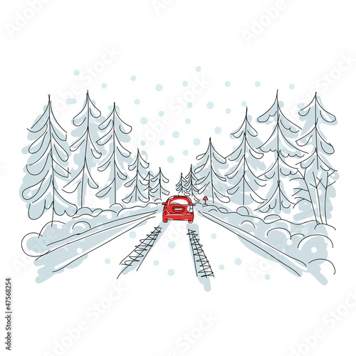 Red car on winter road, sketch for your design