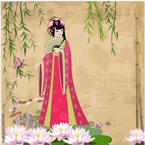 Chinese girls at the pond