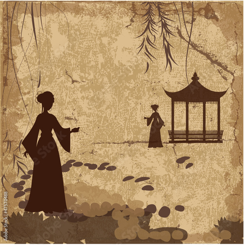Vintage retro landscape wallpaper with girls