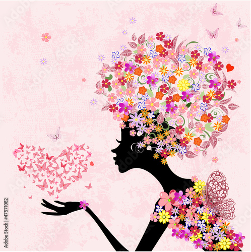 fashion flowers girl with a heart of butterflies