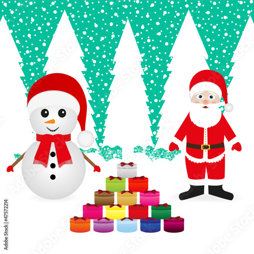 Santa Claus and snowman with Christmas PRESENTS