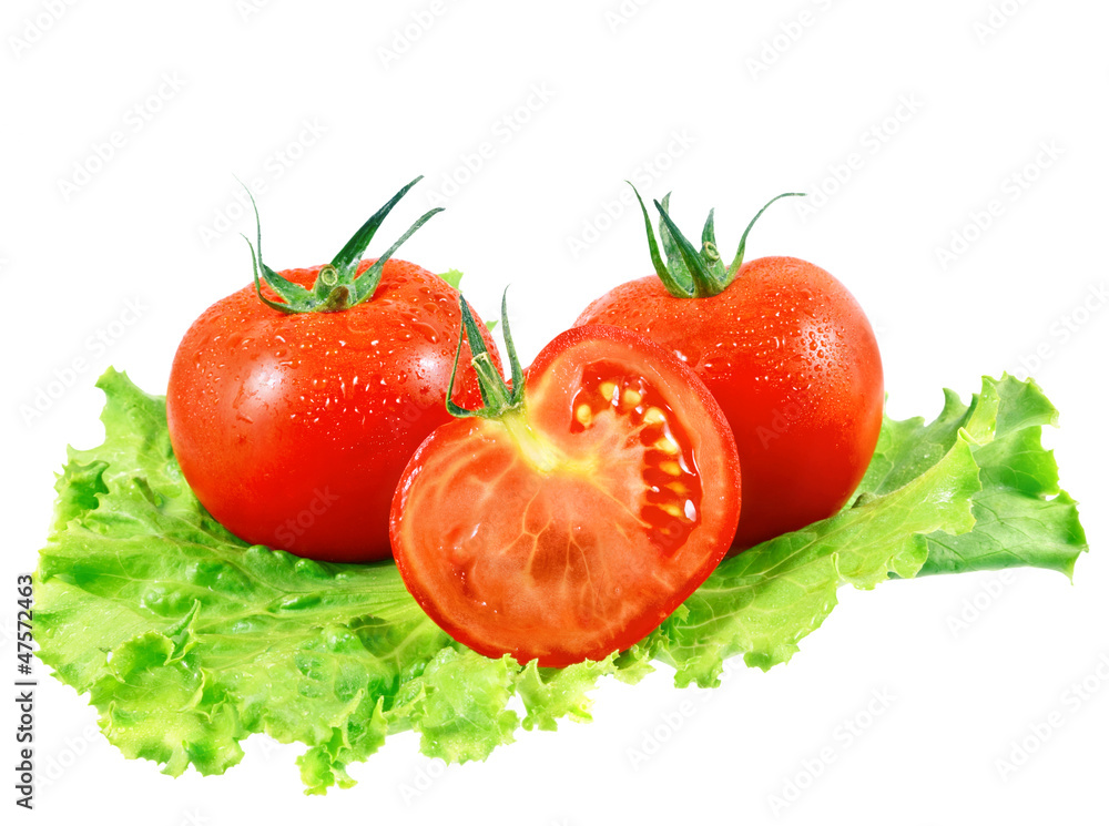 Lush tomatos with green leafs. Isolated Lush tomatos with green leafs. Isolated
