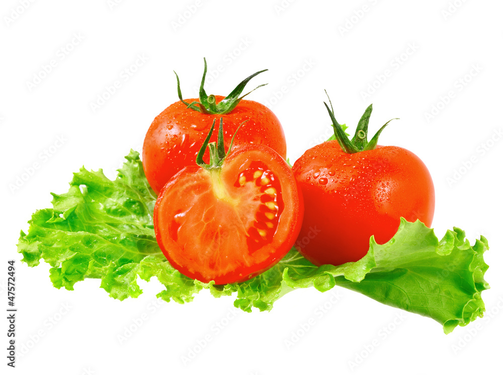 Lush tomatos with green leafs. Isolated Lush tomatos with green leafs. Isolated