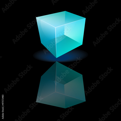 Blue glass cube on a smooth surface