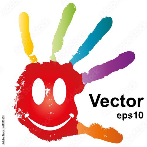 Smiley face conceptual painted hand shape isolated on white