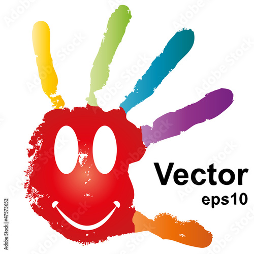 Smiley face conceptual painted hand shape isolated on white