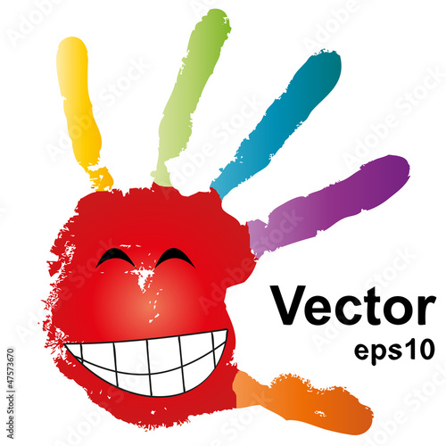 Smiley face conceptual painted hand shape isolated on white