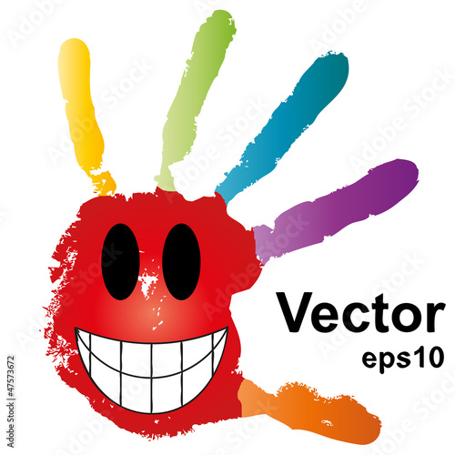 Smiley face conceptual painted hand shape isolated on white