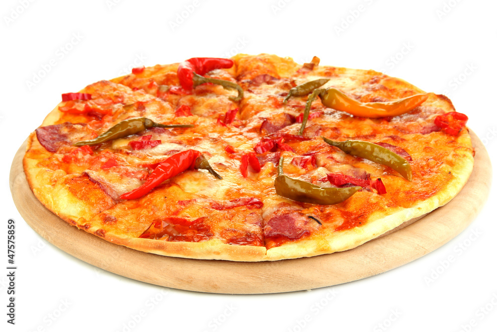 Tasty pepperoni pizza on wooden board isolated on white