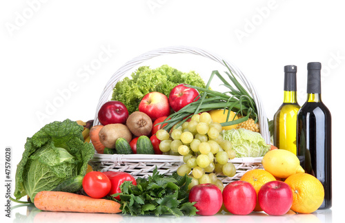 Composition with vegetables and fruits in wicker basket
