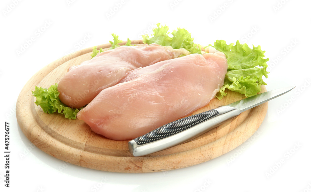 raw chicken meat on cutting board, isolated on white raw chicken meat on cutting board, isolated on white