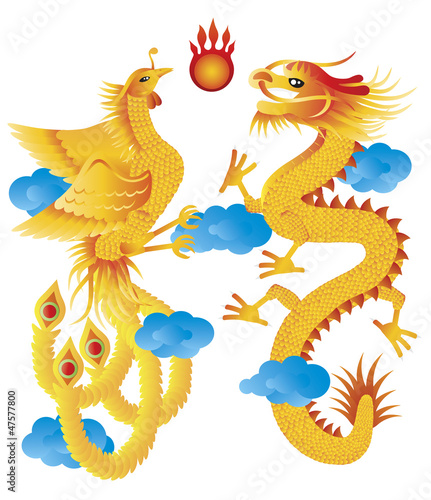 Dragon and Phoenix with Clouds Illustration