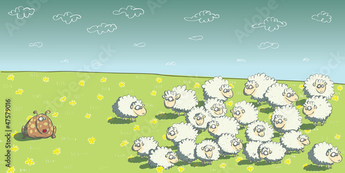 Flock of Sheep and Sheepdog