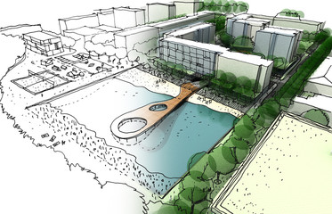 Illustration of idea and implementation of town design