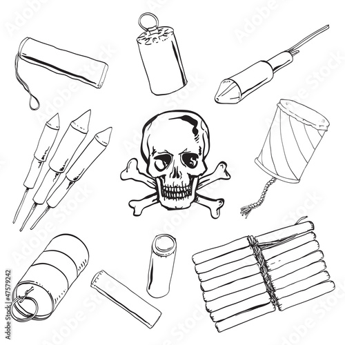 Hand drawn petard and fireworks set