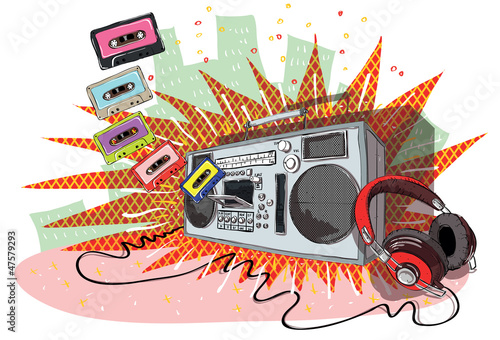 Retro Music Composition with boom-box, headphones and tapes
