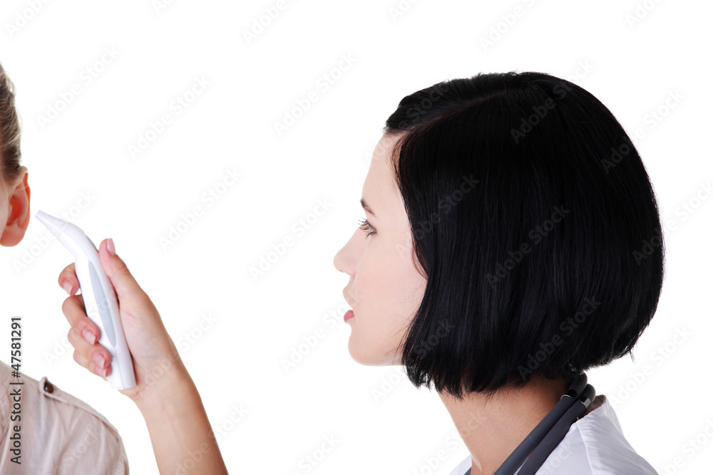 Female doctor checking temperature of her patient Female doctor checking temperature of her patient