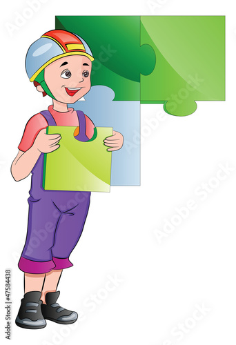 Boy Completing a Wall Puzzle, illustration