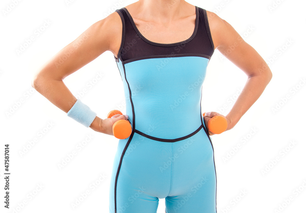 Young fitness woman with small dumbbell, isolated on white Young fitness woman with small dumbbell, isolated on white
