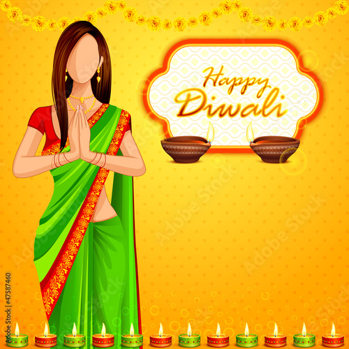 vector illustration of Indian lady wishing Happy Diwali