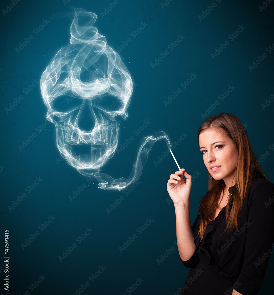 Obraz premium Young woman smoking dangerous cigarette with toxic skull smoke