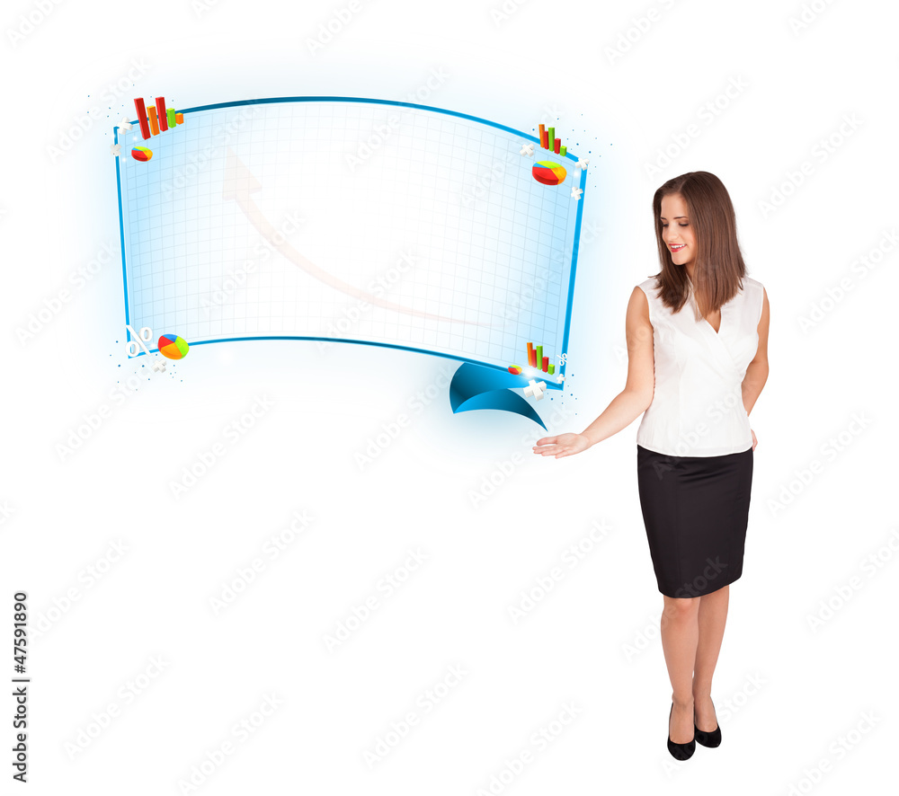 Young woman presenting abstract copy space with graphs and diagr Young woman presenting abstract copy space with graphs and diagr