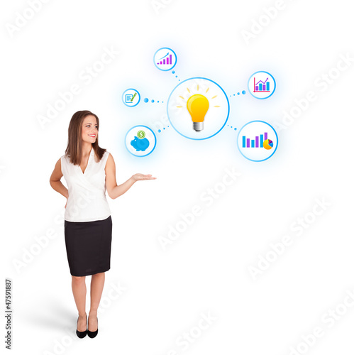 Young woman presenting light bulb with colorful graphs and diagr