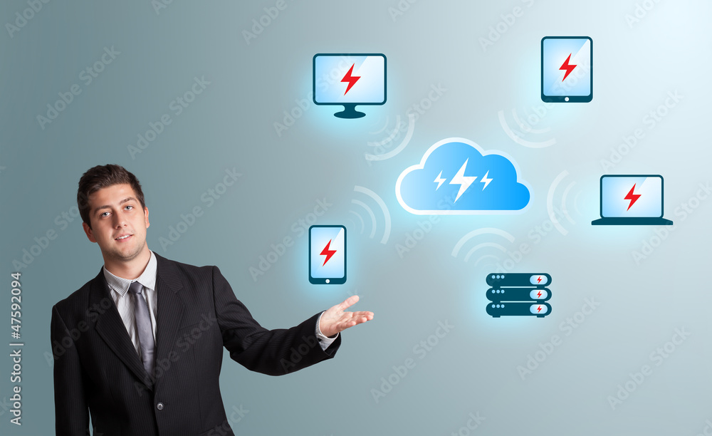 Young man presenting cloud computing network Young man presenting cloud computing network