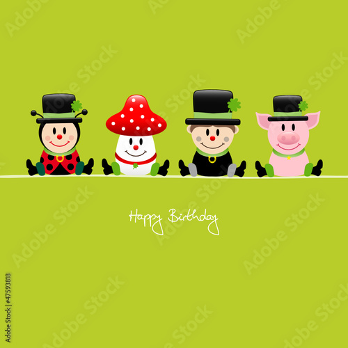 Ladybeetle, Fly Agaric, Chimney Sweep & Pig "Happy Birthday"