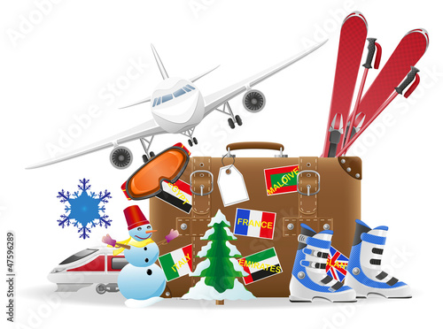 old suitcase for travel and elements for a winter recreation vec