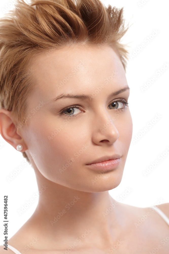 Closeup portrait of short hair woman