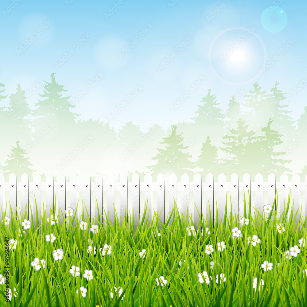 Spring landscape with white fence