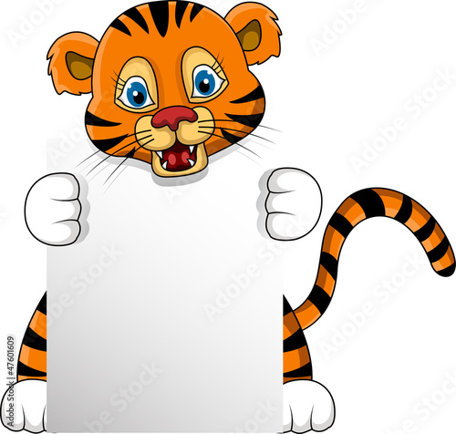 cute young tiger cartoon with blank sign