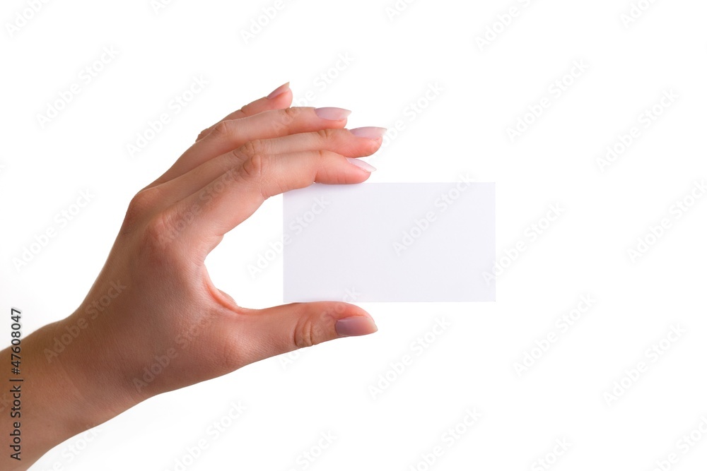 White card in woman hand - obrazy, fototapety, plakaty 
