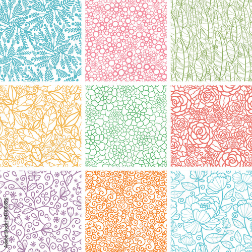 Set Of Nine Textured Natural Floral Seamless Patterns