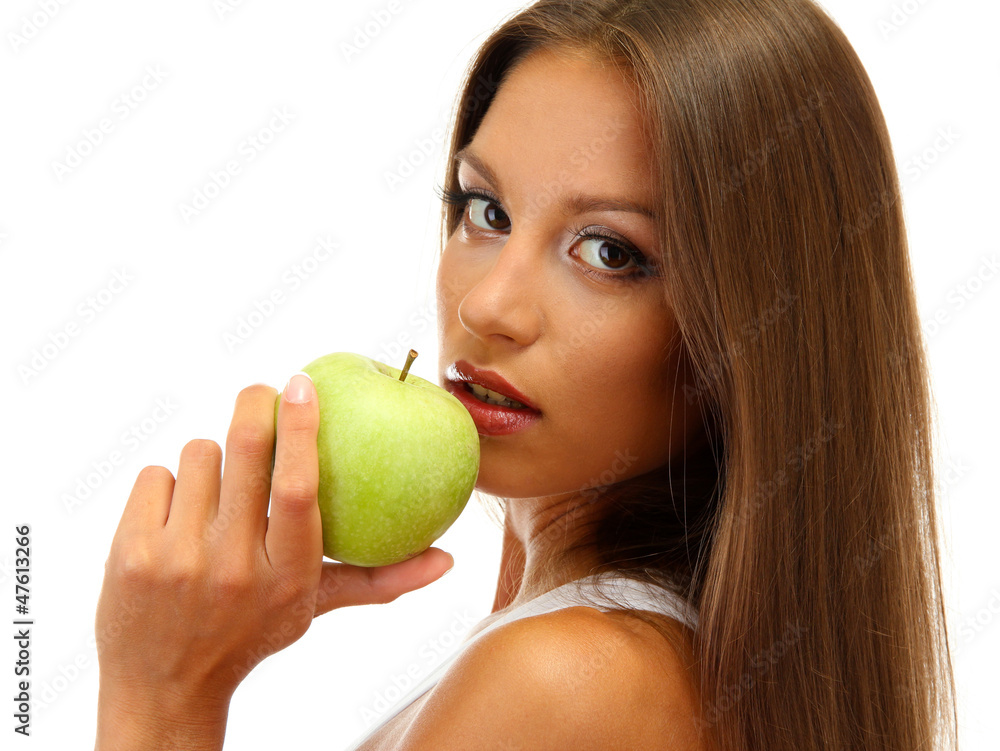 beautiful young woman with green apple, isolated on white beautiful young woman with green apple, isolated on white