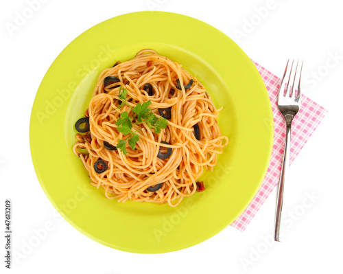 Italian spaghetti in plate isolated on white