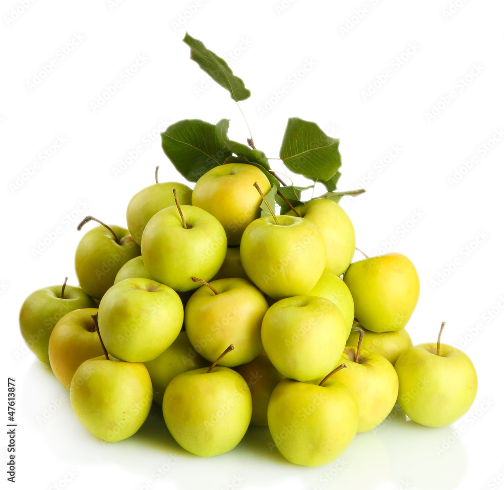 juicy apples with green leaves, isolated on white