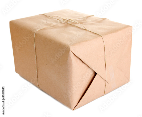 parcel box with kraft paper, isolated on white