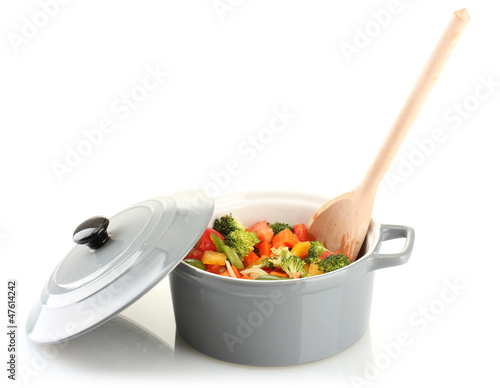 Vegetable stew in gray pot isolated on white