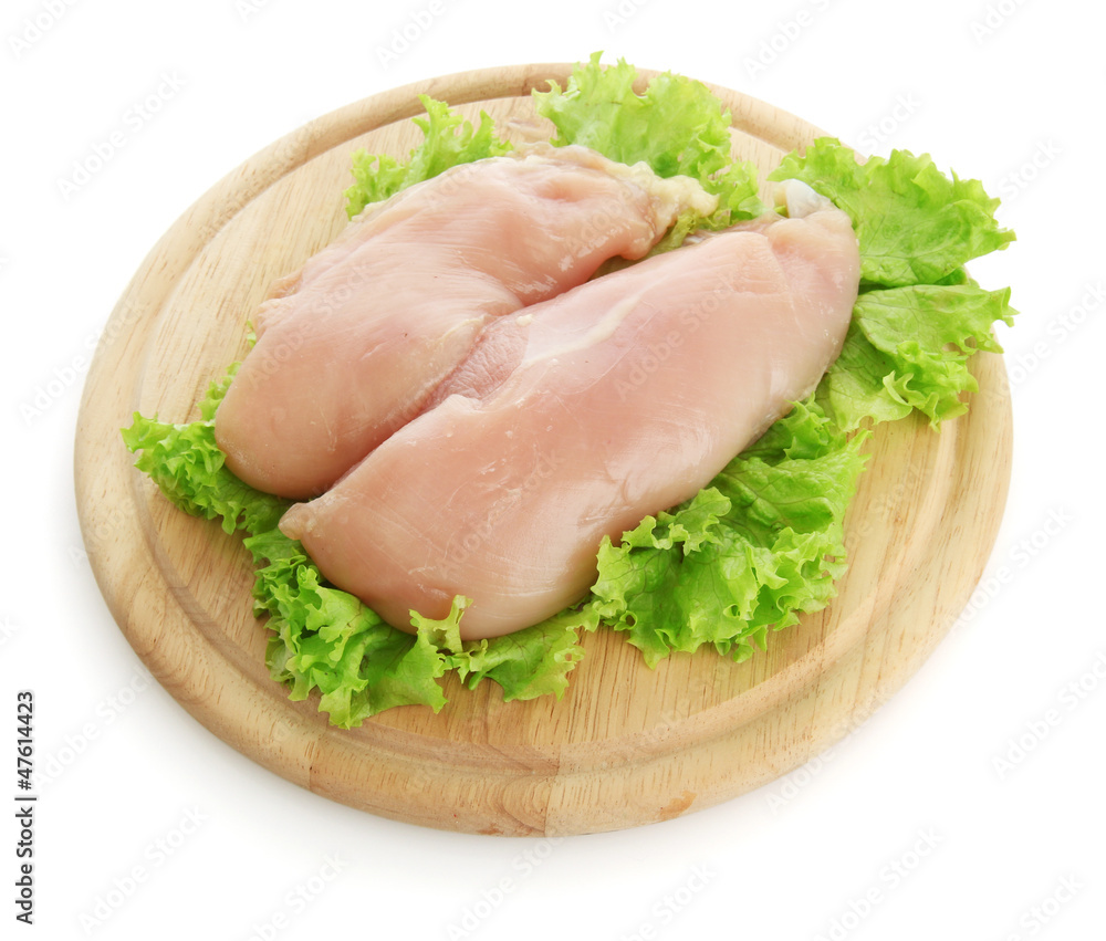raw chicken meat on cutting board, isolated on white raw chicken meat on cutting board, isolated on white