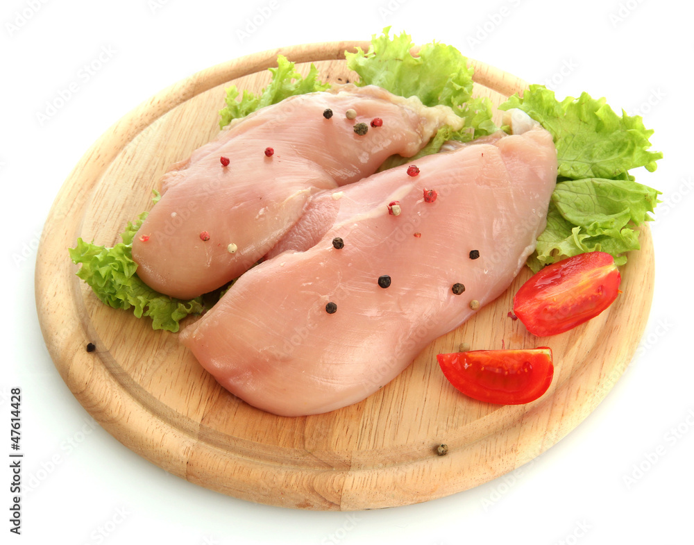 raw chicken meat on cutting board, isolated on white raw chicken meat on cutting board, isolated on white