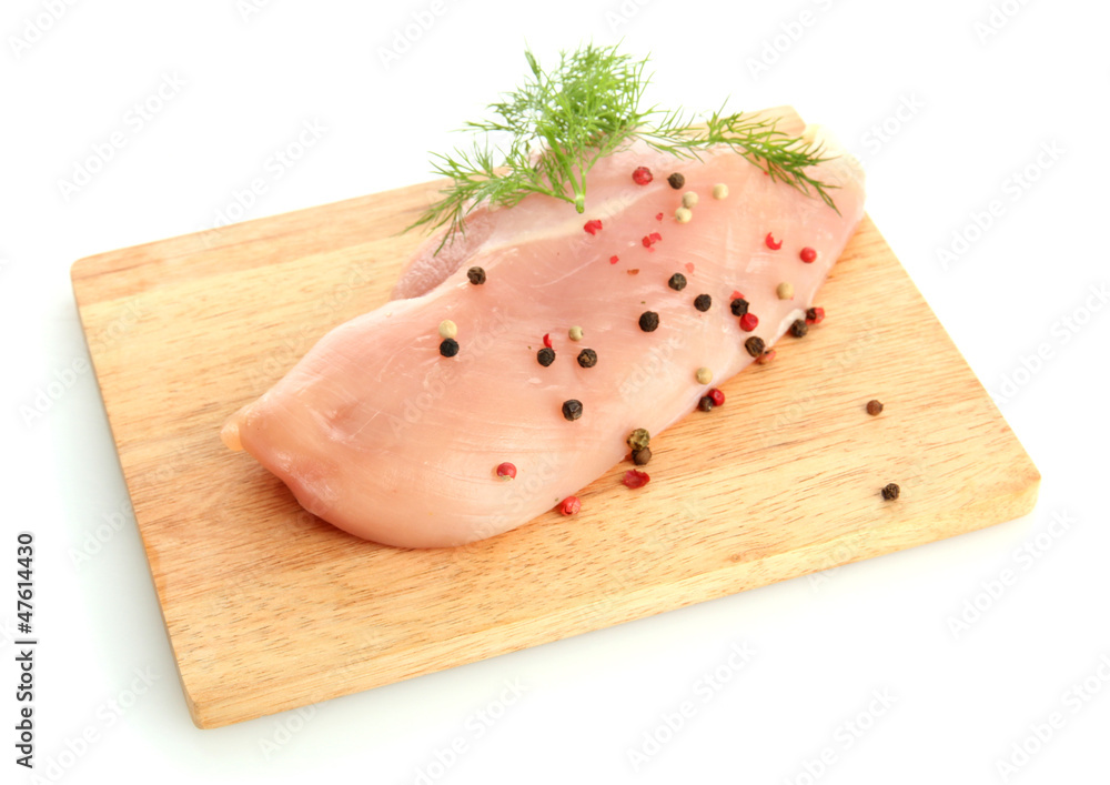 raw chicken meat on cutting board, isolated on white raw chicken meat on cutting board, isolated on white