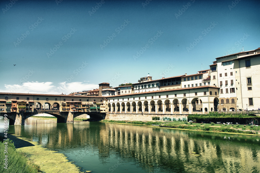 Medieval buildings on the bank of river Arno, Florence Lungarno,