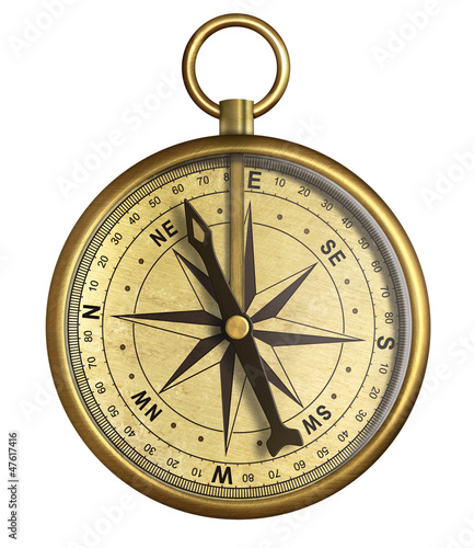 aged brass antique nautical pocket compass isolated on white