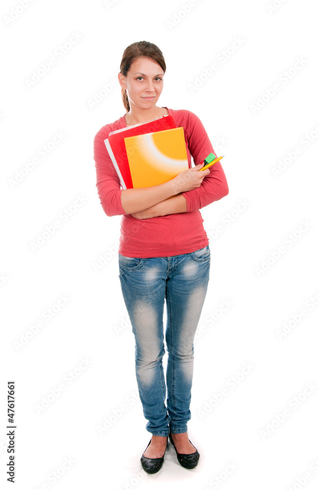 Young student girl with notebooks isolated on white background Young student girl with notebooks isolated on white background
