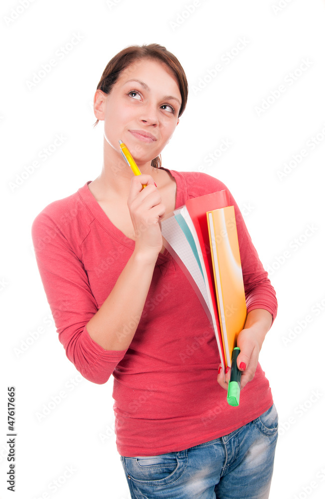 Young student girl with notebooks isolated on white background Young student girl with notebooks isolated on white background