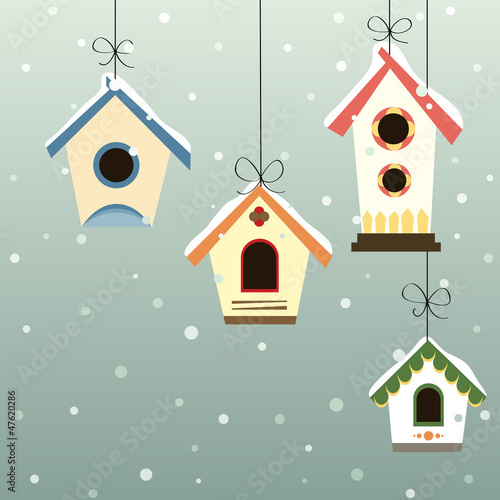 Abstract bird house set with winter background
