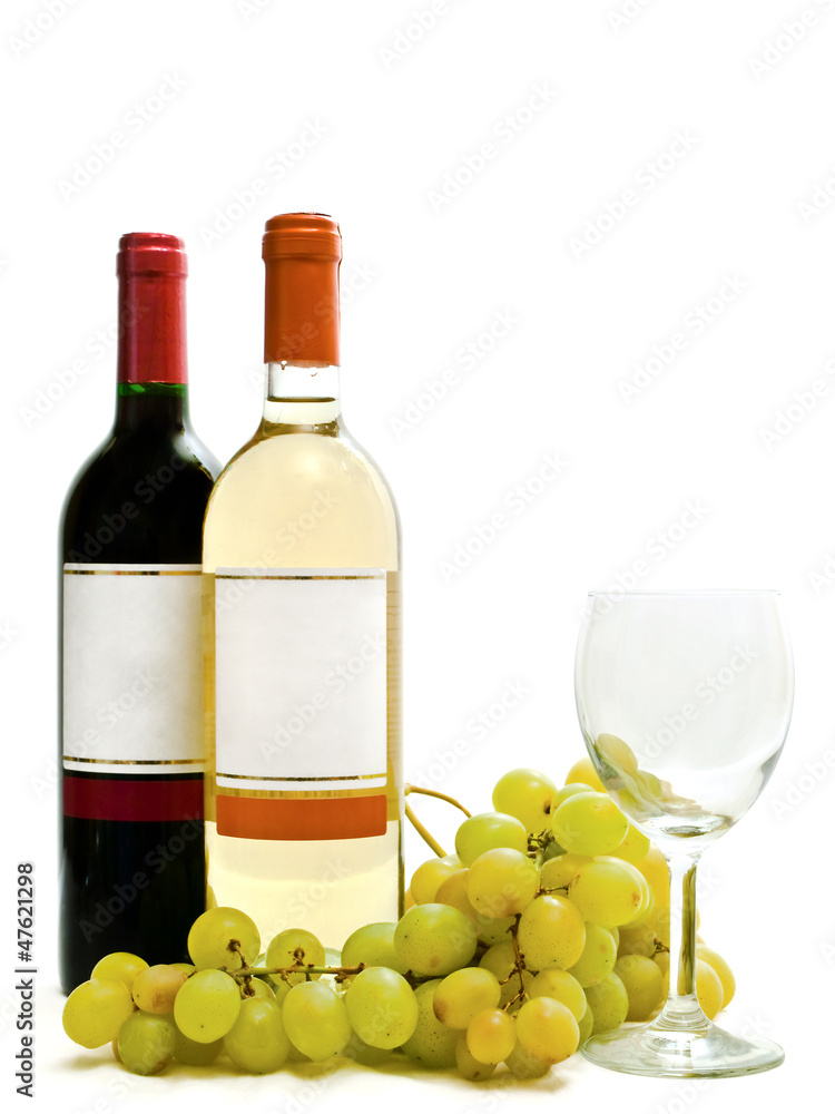 Fototapeta premium red and white wine with vine and wineglass